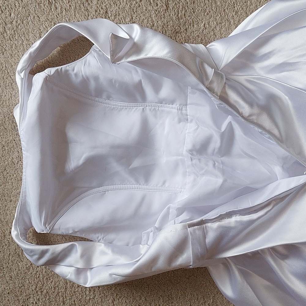White 1950s Style Satin A-Line Tea Length Wedding Dress and Bow Veil Sz 6 - Picture 12 of 17
